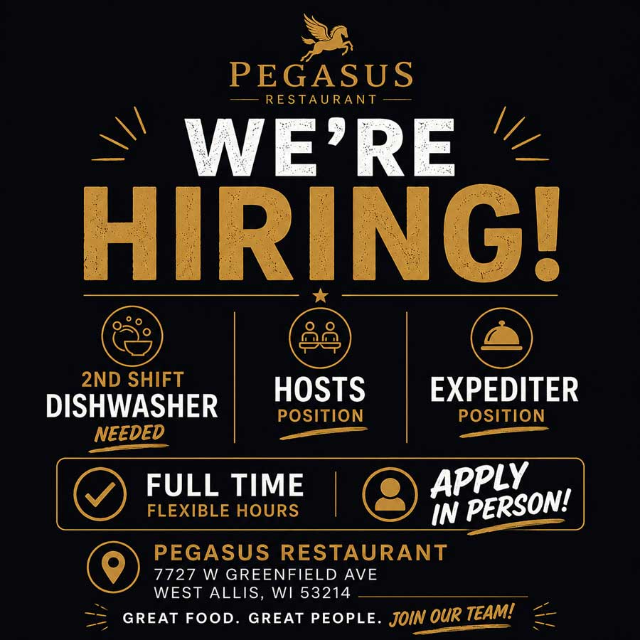 Pegasus is now hiring stop in today to apply.
